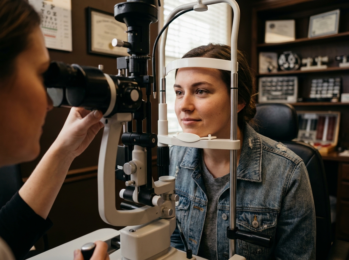 Jeune femme lors d'un examen ophtalmologique avec une lampe à fente en cabinet d'optique