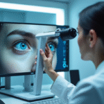 Examen de l'œil moderne en clinique hightech avec équipement numérique