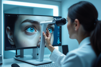 Examen de l'œil moderne en clinique hightech avec équipement numérique