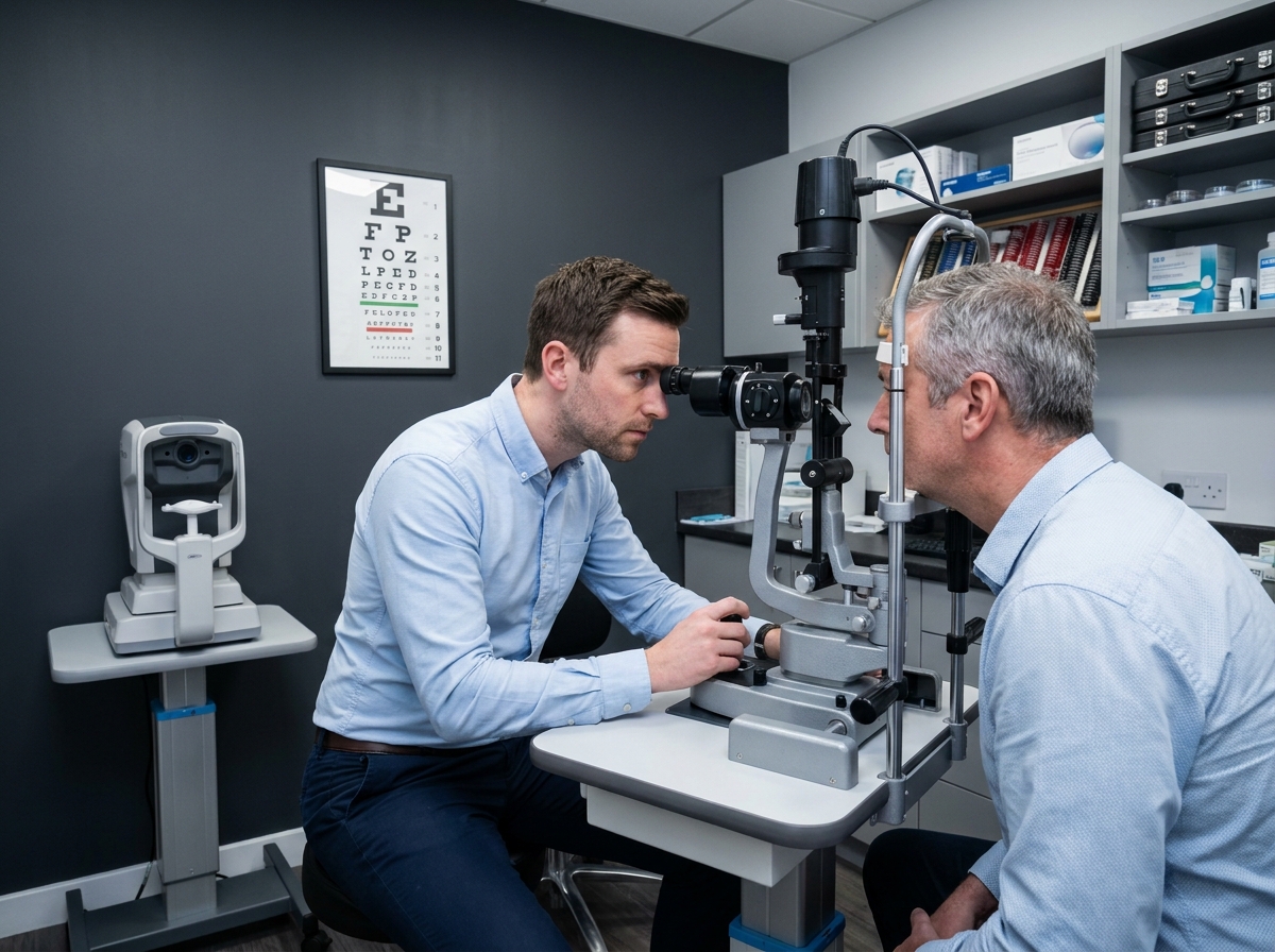 Opticien réalisant un examen de la vue avec un biomicroscope dans une salle d'optométrie professionnelle