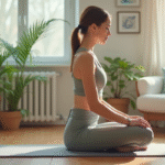 Femme faisant un exercice de pelvien dans un salon lumineux