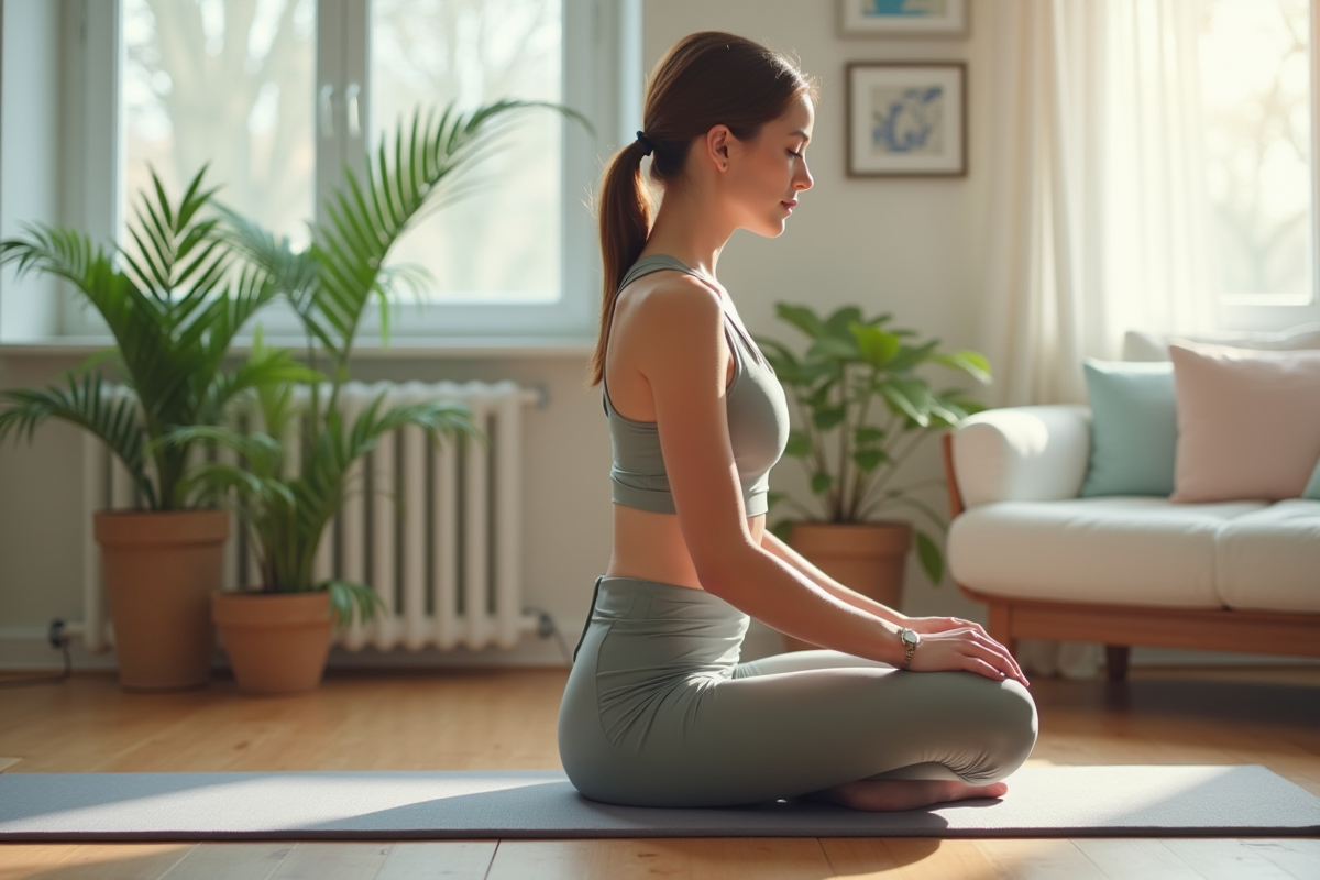 Femme faisant un exercice de pelvien dans un salon lumineux