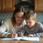 Famille à la cuisine faisant les devoirs ensemble