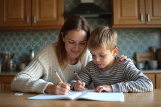 Famille à la cuisine faisant les devoirs ensemble