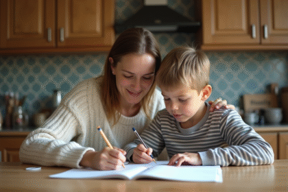 Famille à la cuisine faisant les devoirs ensemble
