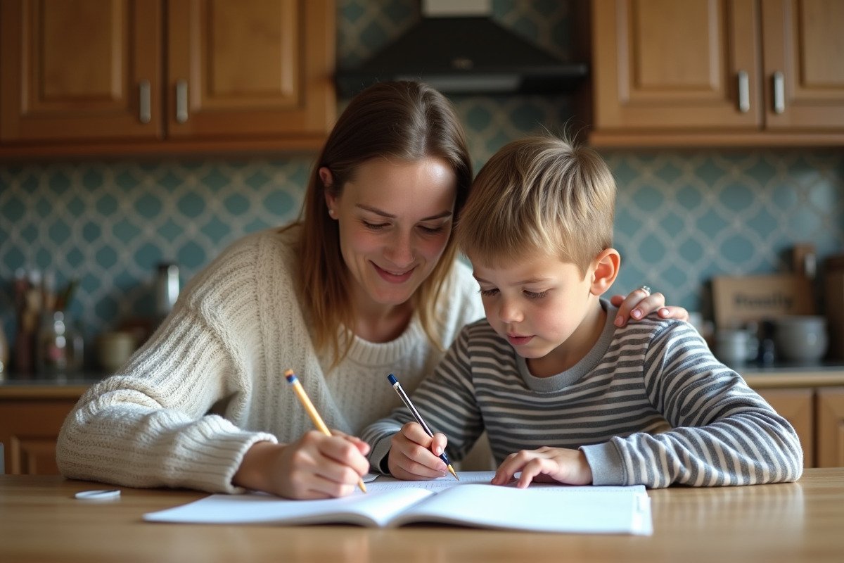 Famille à la cuisine faisant les devoirs ensemble