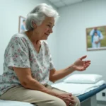 Femme agee assise sur une table d'examen dans une clinique