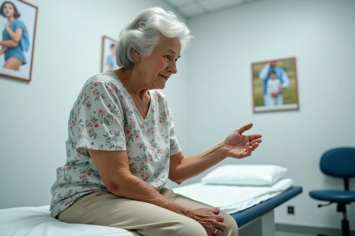 Femme agee assise sur une table d'examen dans une clinique