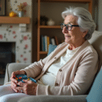 Femme âgée lisant un organisateur de médicaments dans son salon