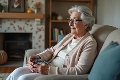 Femme âgée lisant un organisateur de médicaments dans son salon