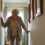 Femme agee se tenant au rampe d'escalier dans sa maison