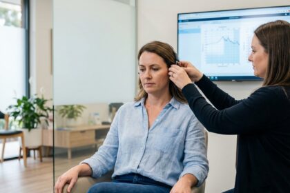 Femme en test auditif dans une clinique moderne