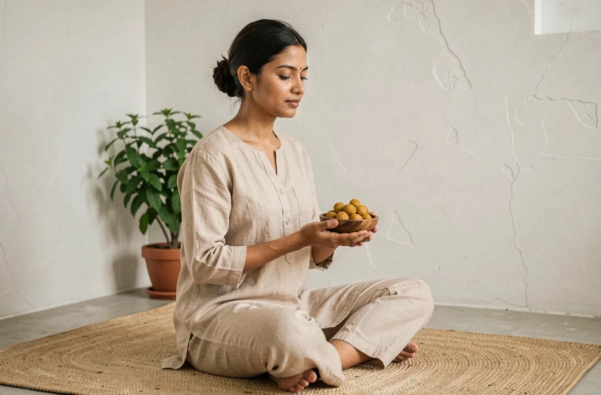 Femme pratiquant l'ayurveda tenant de la résine de Guggul dans un studio de bien-être minimaliste