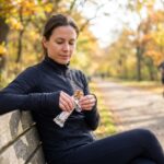 Femme sportive mangeant une barre énergétique sur un banc de parc avant son jogging