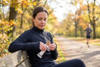 Femme sportive mangeant une barre énergétique sur un banc de parc avant son jogging