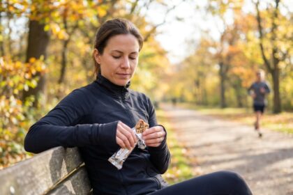 Femme sportive mangeant une barre énergétique sur un banc de parc avant son jogging