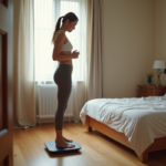 Femme en fitness regardant la balance dans une chambre chaleureuse