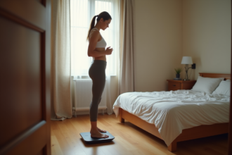 Femme en fitness regardant la balance dans une chambre chaleureuse