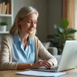 Femme d'âge moyen utilisant un ordinateur dans un salon lumineux