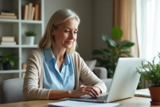 Femme d'âge moyen utilisant un ordinateur dans un salon lumineux