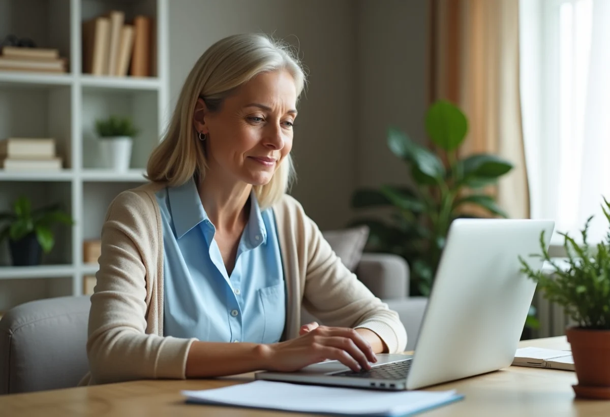 Femme d'âge moyen utilisant un ordinateur dans un salon lumineux