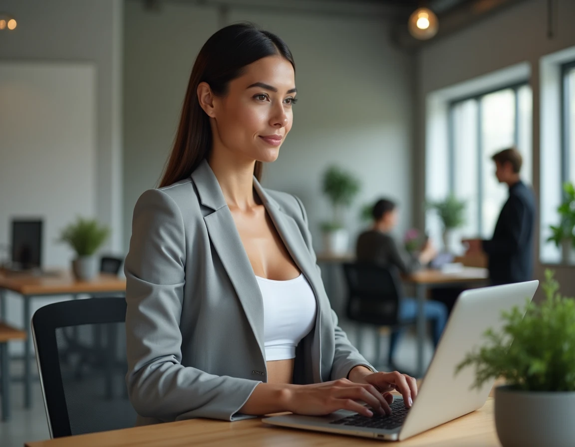Femme assise avec une posture droite au bureau grâce à un soutien-gorge de posture Percko sous un blazer gris