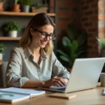 Femme travaillant sur sa transition écologique avec des carnets de planification durable et un ordinateur portable à son bureau en bois