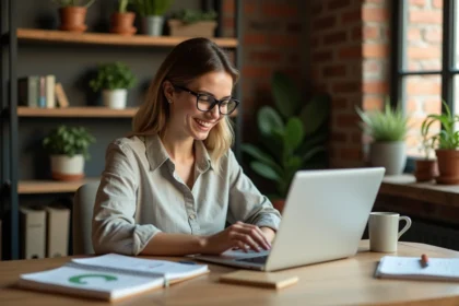 Femme travaillant sur sa transition écologique avec des carnets de planification durable et un ordinateur portable à son bureau en bois