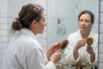 Femme examinant sa brosse à cheveux remplie de cheveux perdus dans une salle de bain, illustrant la chute de cheveux quotidienne