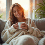 Femme souriante confortablement installée à la maison