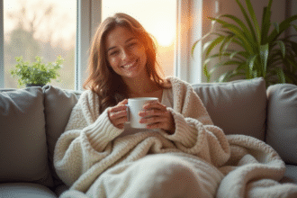 Femme souriante confortablement installée à la maison