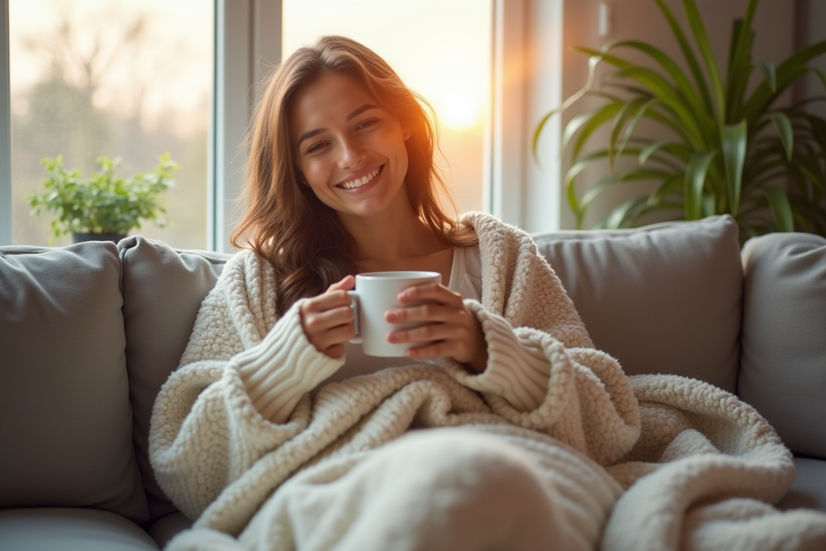 Femme souriante confortablement installée à la maison