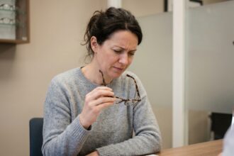 Femme tenant ses lunettes et examinant un tableau de vision chez l'opticien avant de changer de monture