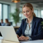 Femme professionnelle consultant son espace Sévéane Groupama sur un ordinateur portable au bureau