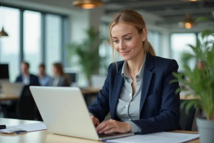 Femme professionnelle consultant son espace Sévéane Groupama sur un ordinateur portable au bureau