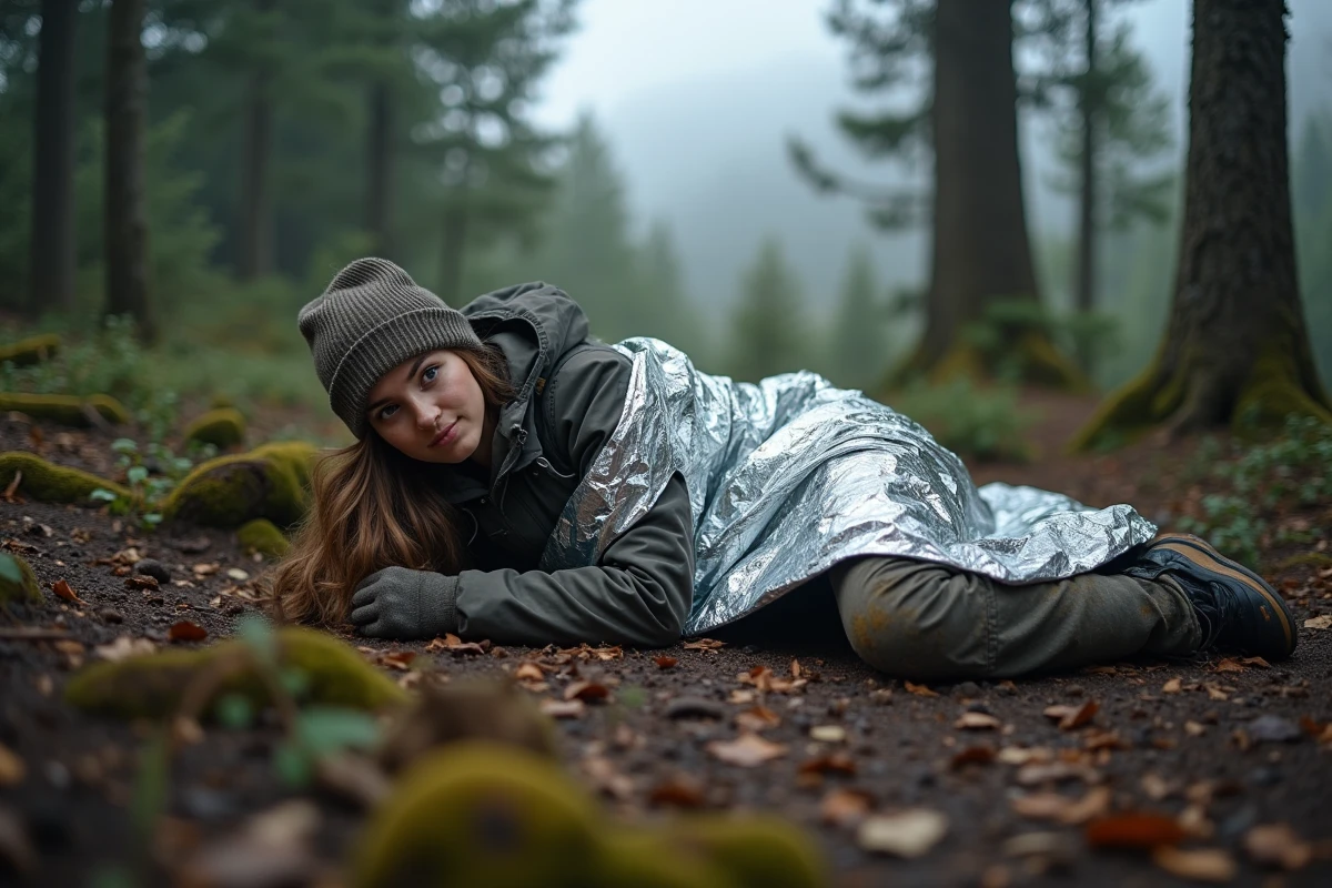 Jeune femme allongée dans une forêt recouverte d'une couverture de survie en attendant les secours