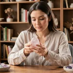 Femme tenant un cristal de quartz rose dans ses mains sur un bureau en bois entouré de pierres naturelles