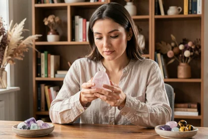 Femme tenant un cristal de quartz rose dans ses mains sur un bureau en bois entouré de pierres naturelles