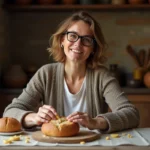 Femme française dans une cuisine rustique avec pain rye