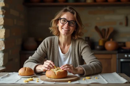 Femme française dans une cuisine rustique avec pain rye