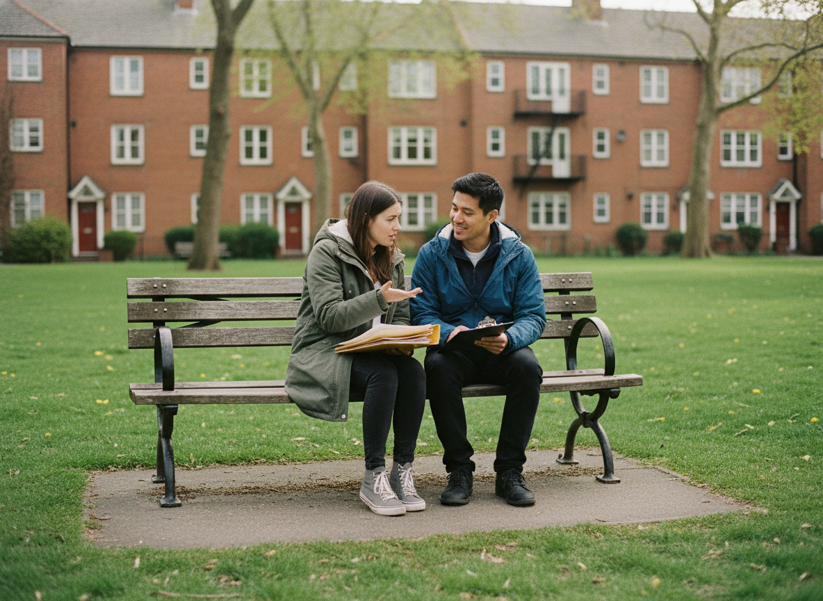 Jeune femme discutant avec une assistante sociale dans un parc