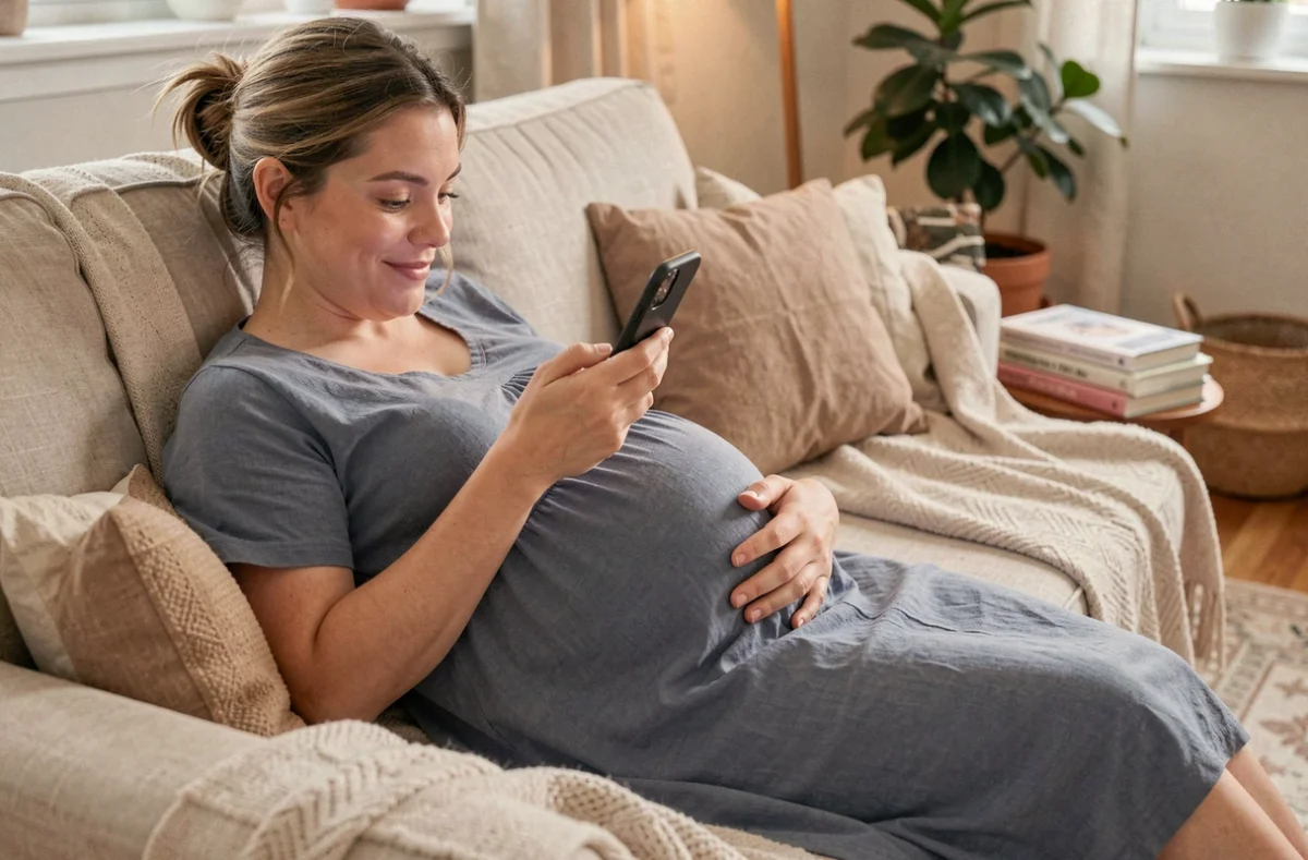 Femme enceinte de 8 mois allongée sur un canapé consultant une application de suivi de grossesse sur smartphone