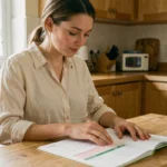 Femme enceinte de 7 mois consultant un calendrier de grossesse posé sur une table en bois dans une cuisine chaleureuse