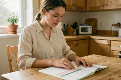Femme enceinte de 7 mois consultant un calendrier de grossesse posé sur une table en bois dans une cuisine chaleureuse