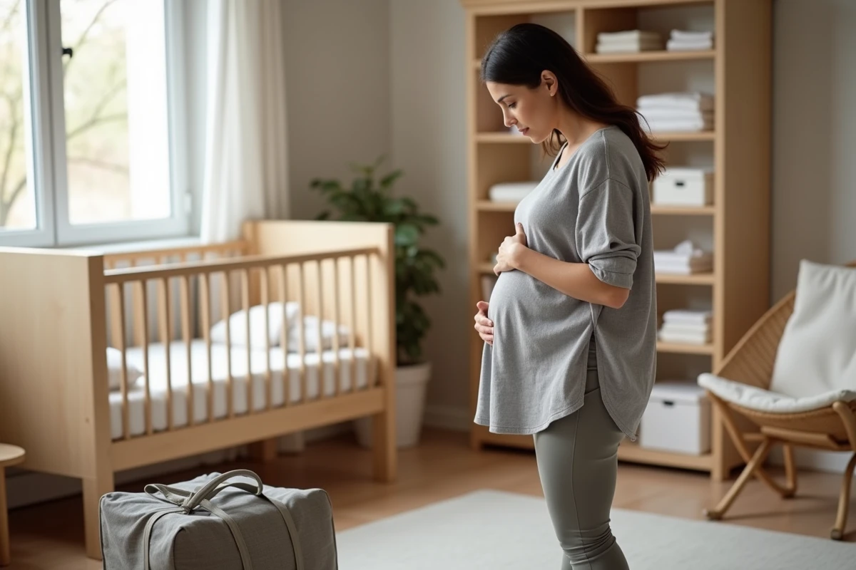 Femme enceinte au troisième trimestre debout dans une chambre de bébé préparée, regardant son sac de maternité prêt pour l'accouchement