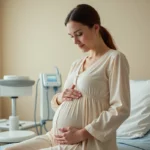 Femme enceinte assise sur une table d'examen en consultation obstétrique, main posée sur le ventre, en attente de l'accouchement