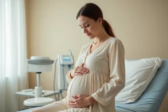 Femme enceinte assise sur une table d'examen en consultation obstétrique, main posée sur le ventre, en attente de l'accouchement
