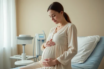 Femme enceinte assise sur une table d'examen en consultation obstétrique, main posée sur le ventre, en attente de l'accouchement