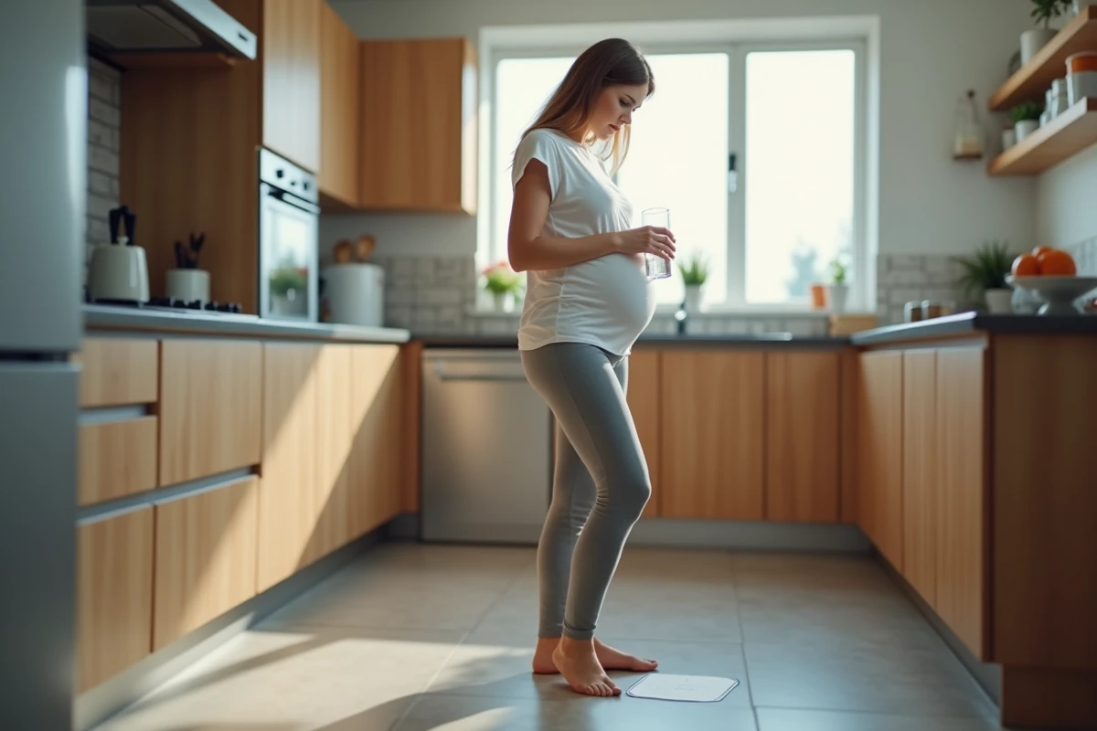 Femme enceinte dans la cuisine regardant une tache d