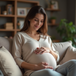 Femme enceinte assise sur un canapé dans un salon chaleureux